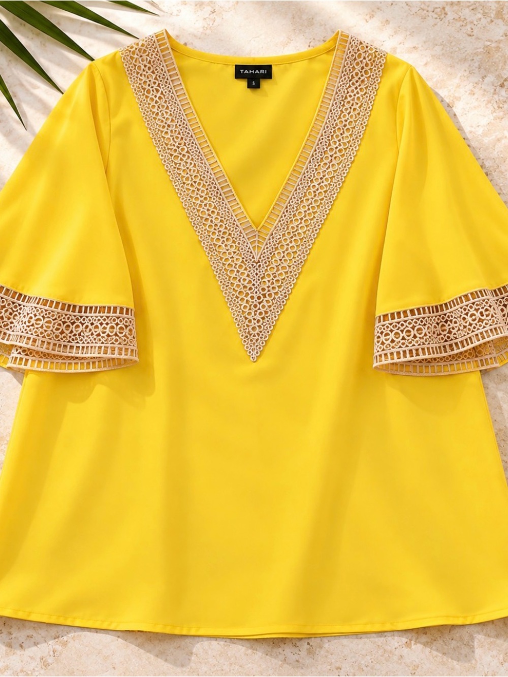 Tahari Bright Yellow V-Neck Blouse with Cream Lace Trim